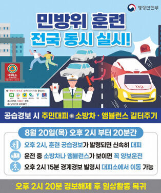 2026년 8월 공습대비 민행정안전부  민방위 훈련 전국 동시 실시!  [훈련 일시 및 내용]  일시 : 8월 20일(목) 오후 2시 부터 20분간  내용 : 공습경보 시 주민대피 / 소방차·앰뷸런스 길터주기  [시간대별 행동요령]  오후 2시 : 훈련 공습경보가 발령되면 신속히 대피  운전 중 : 소방차나 앰뷸런스가 보이면 꼭 양보운전  오후 2시 15분 : 경계경보 발령 시 대피소에서 이동 가능  오후 2시 20분 : 경보해제 후 일상활동 복귀  [민방위 대피소 검색 방법]  \'민방위 대피소\' 검색 (위치 기능 활성화)  검색 앱: 네이버, 다음, 카카오맵, 네이버지도, 티맵, 안전디딤돌  가까운 \'대피소\' 클릭  길찾기로 위치확인  방위 훈련 실시