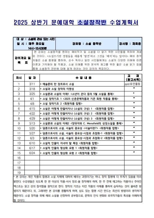 2025년 상반기 문예대학 소설창작반 강의계획서