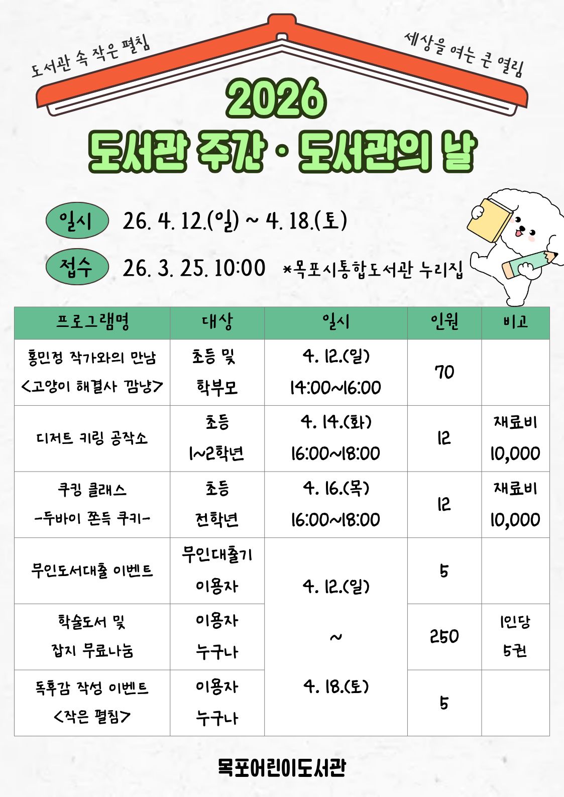 목포어린이도서관, 2026 도서관의 날·도서관 주간 행사 운영